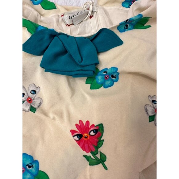 Gucci Children’s Flower Faces Border Short Sleeve Dress In White-Camel Size12 - Picture 4 of 10